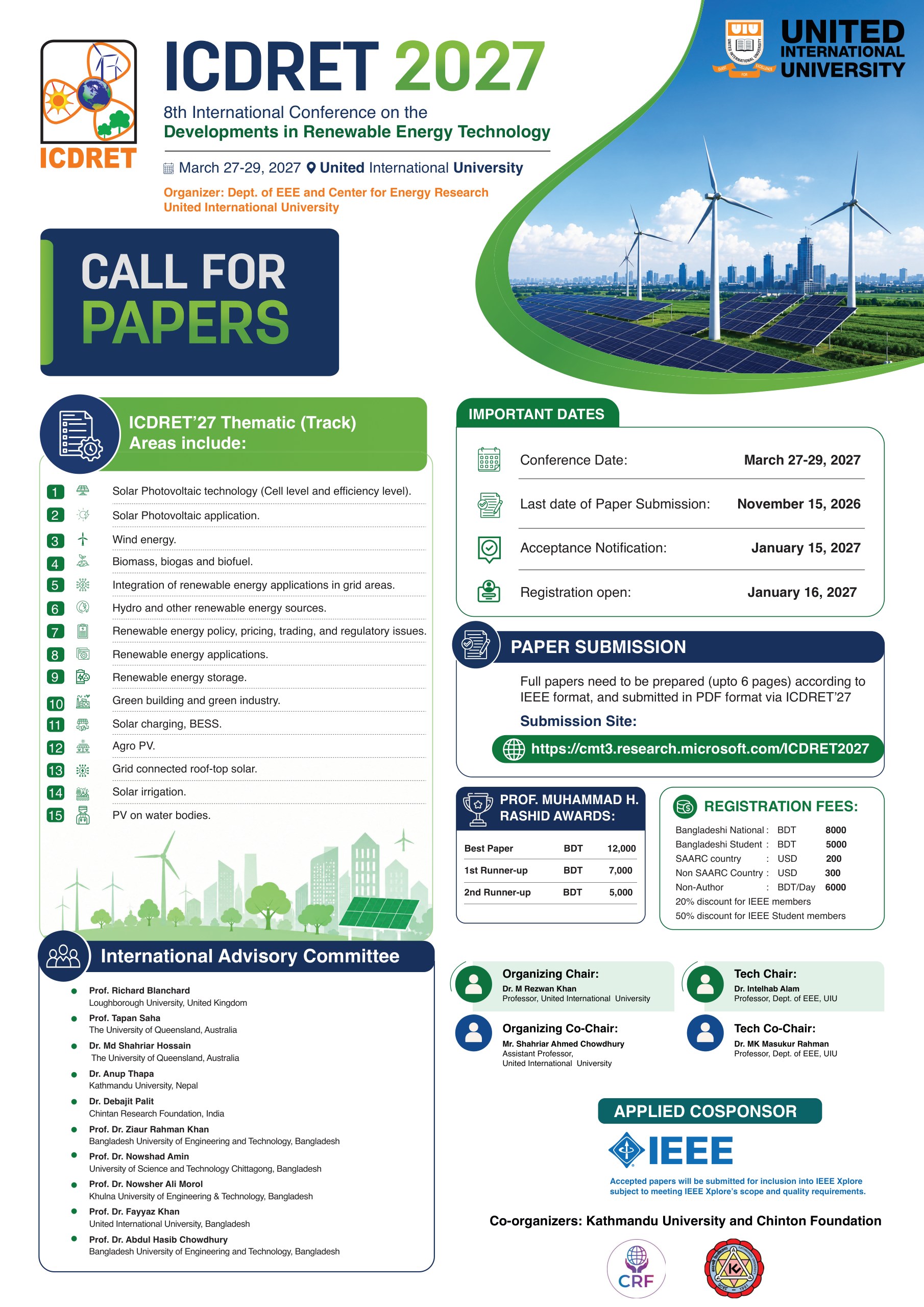 ICDRET 2027 Call for Papers: 8th International Conference on the Developments in Renewable Energy Technology, 27–29 March 2027, United International University. Paper submission closes 15 November 2026.